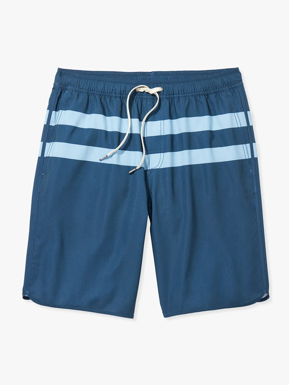 A pair of 10 inch navy anchor trunk shorts with two light blue horizontal stripes and a drawstring waist with a white background.