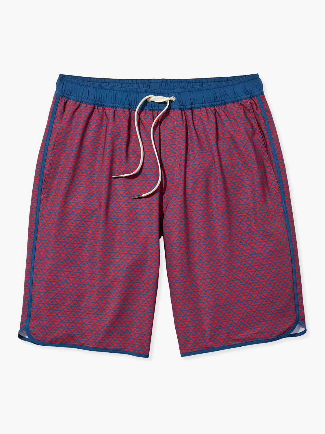A pair of Anchor Trunks in 10 inch inseam with a nautical red wavy geo pattern, featuring a drawstring waist with a white background.