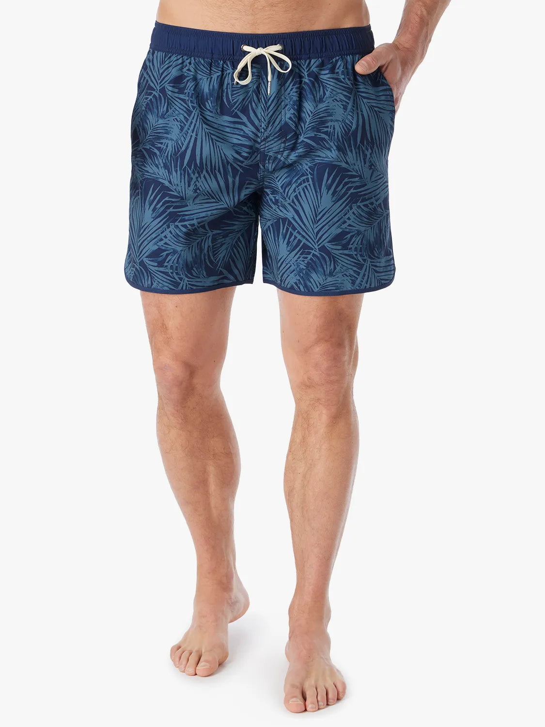 Person wearing grey and navy floral patterned Anchor Trunk in 6 inch on a white background