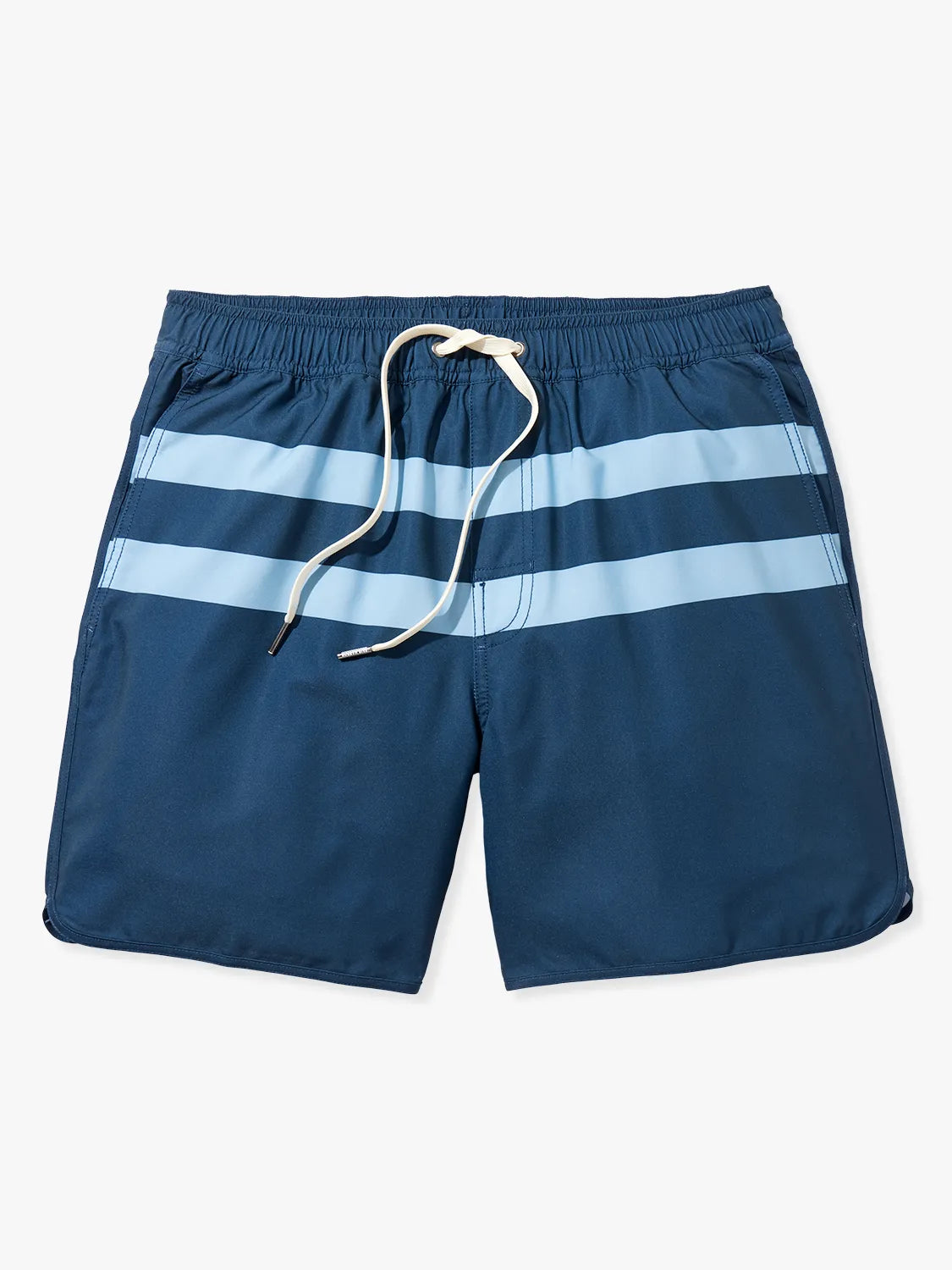 A pair of 6 inch navy anchor trunk shorts with two light blue horizontal stripes and a drawstring waist with a white background.