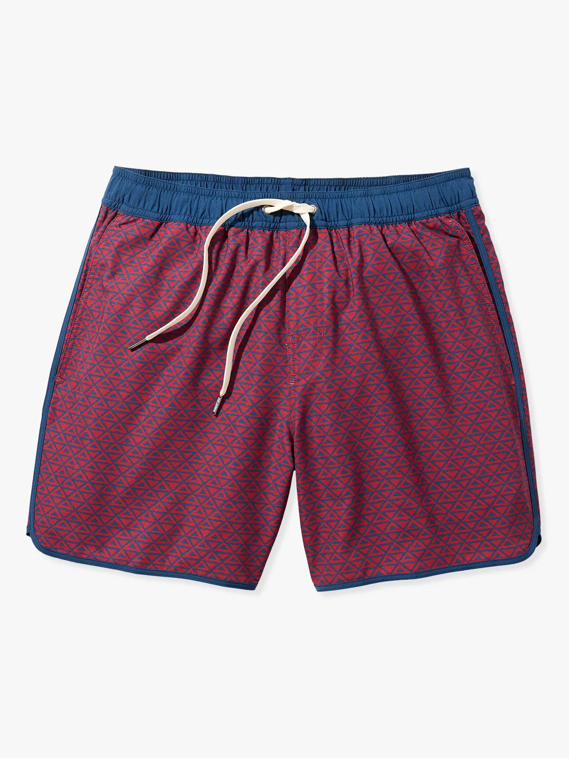 A pair of Anchor Trunks in 6 inch inseam with a nautical red wavy geo pattern, featuring a drawstring waist with a white background.