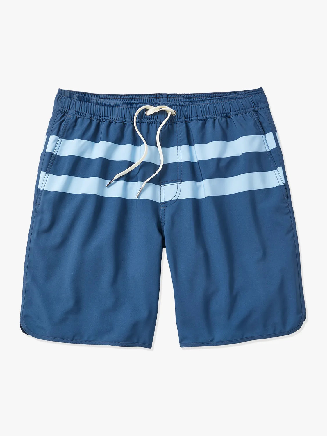 A pair of navy 8 inch Anchor Trunk with light blue stripes and a drawstring waist.