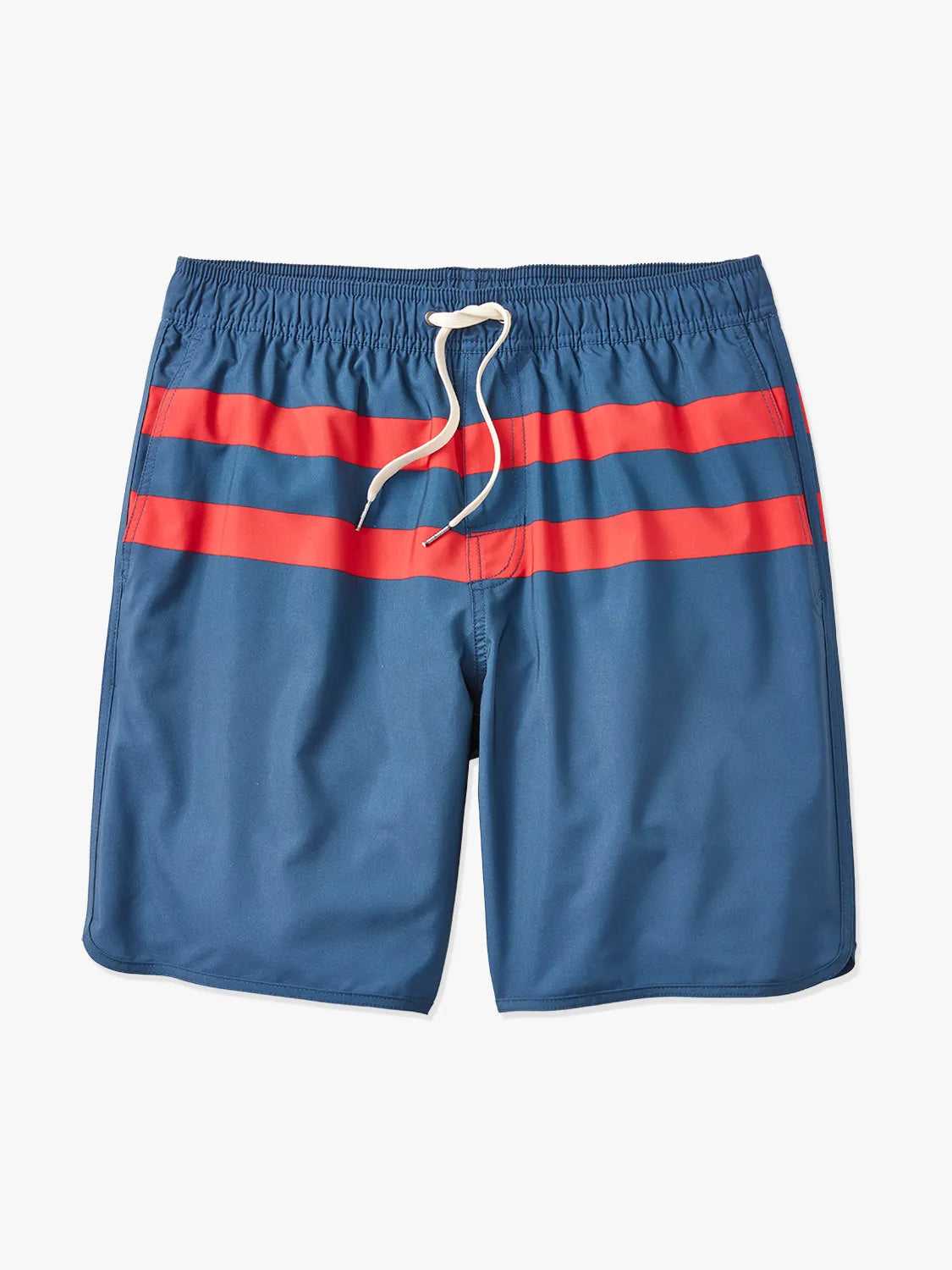 A pair of navy anchor trunk shorts with two red horizontal stripes and a drawstring waist with a white background.