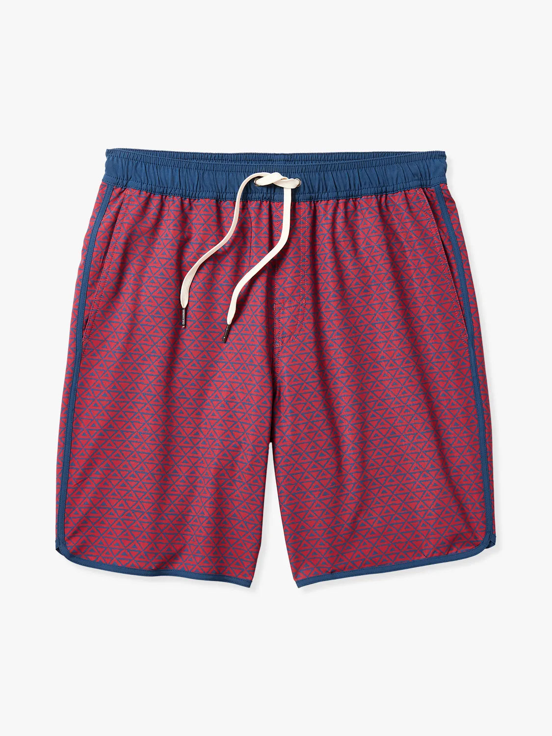 A pair of Anchor Trunks with a nautical red wavy geo pattern, featuring a drawstring waist with a white background.