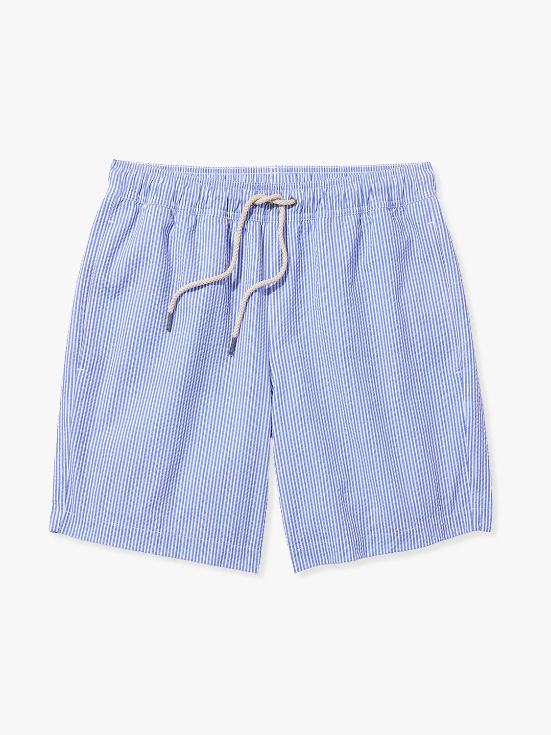 Light blue seersucker Bayberry swim trunks with a drawstring elastic waistband.