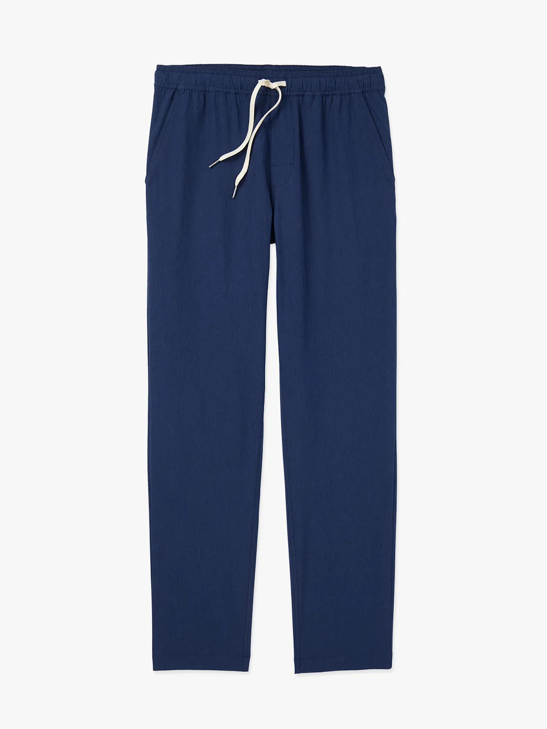 Navy blue one pants with a white drawstring on a white background