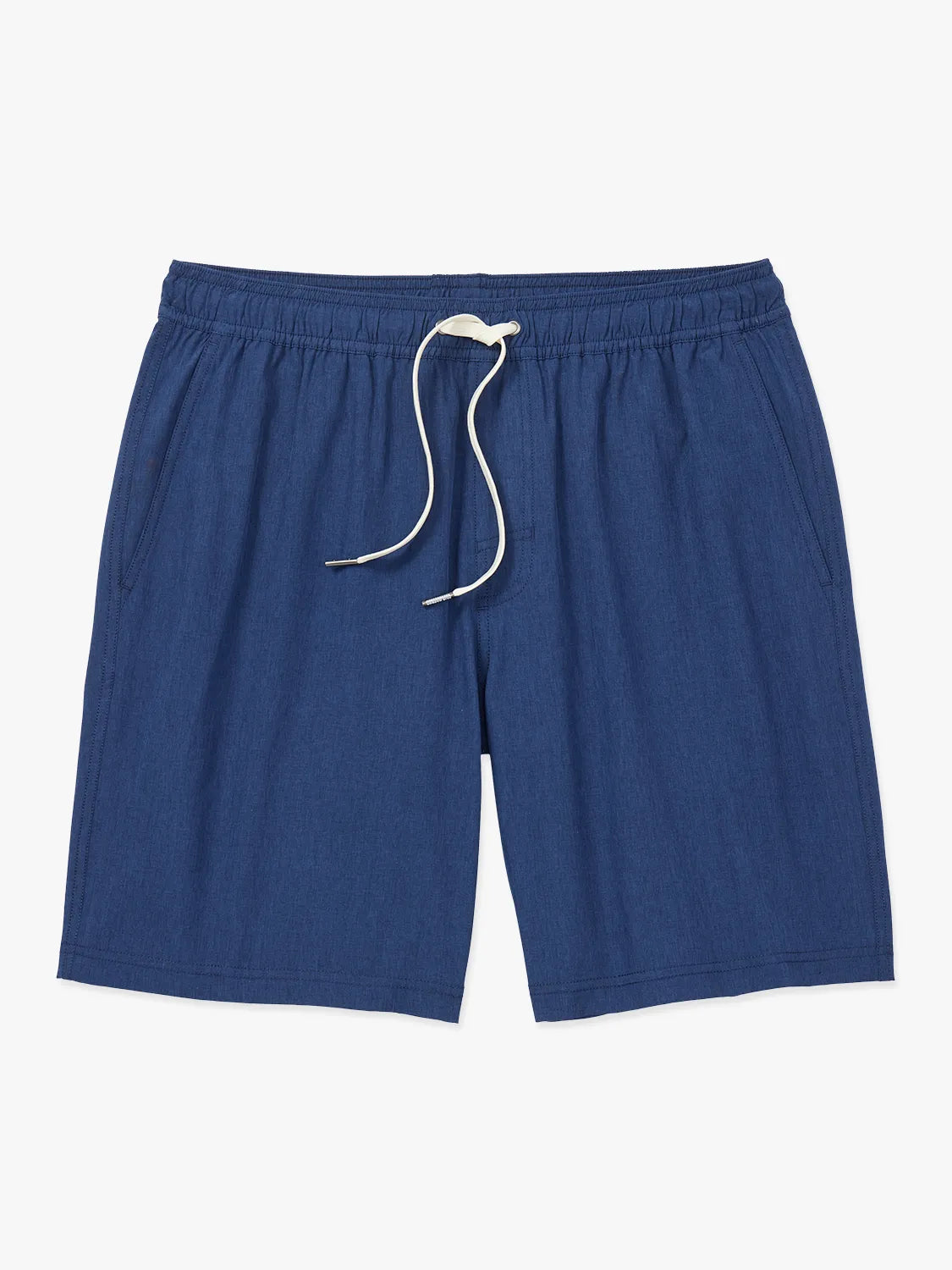 Navy 8 inch one shorts with a drawstring on a white background