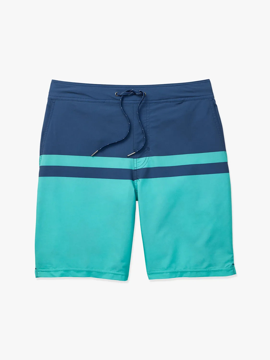 Navy blue and teal color blocked ozone board shorts on a white background