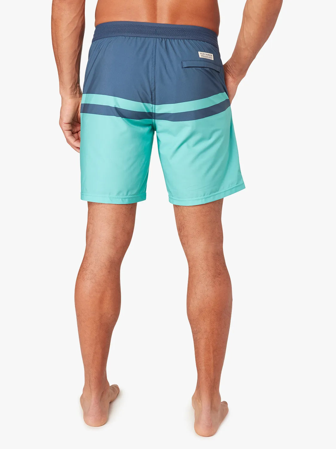 Person wearing a pair of navy blue and teal color blocked ozone board shorts on a white background, showing the back view.