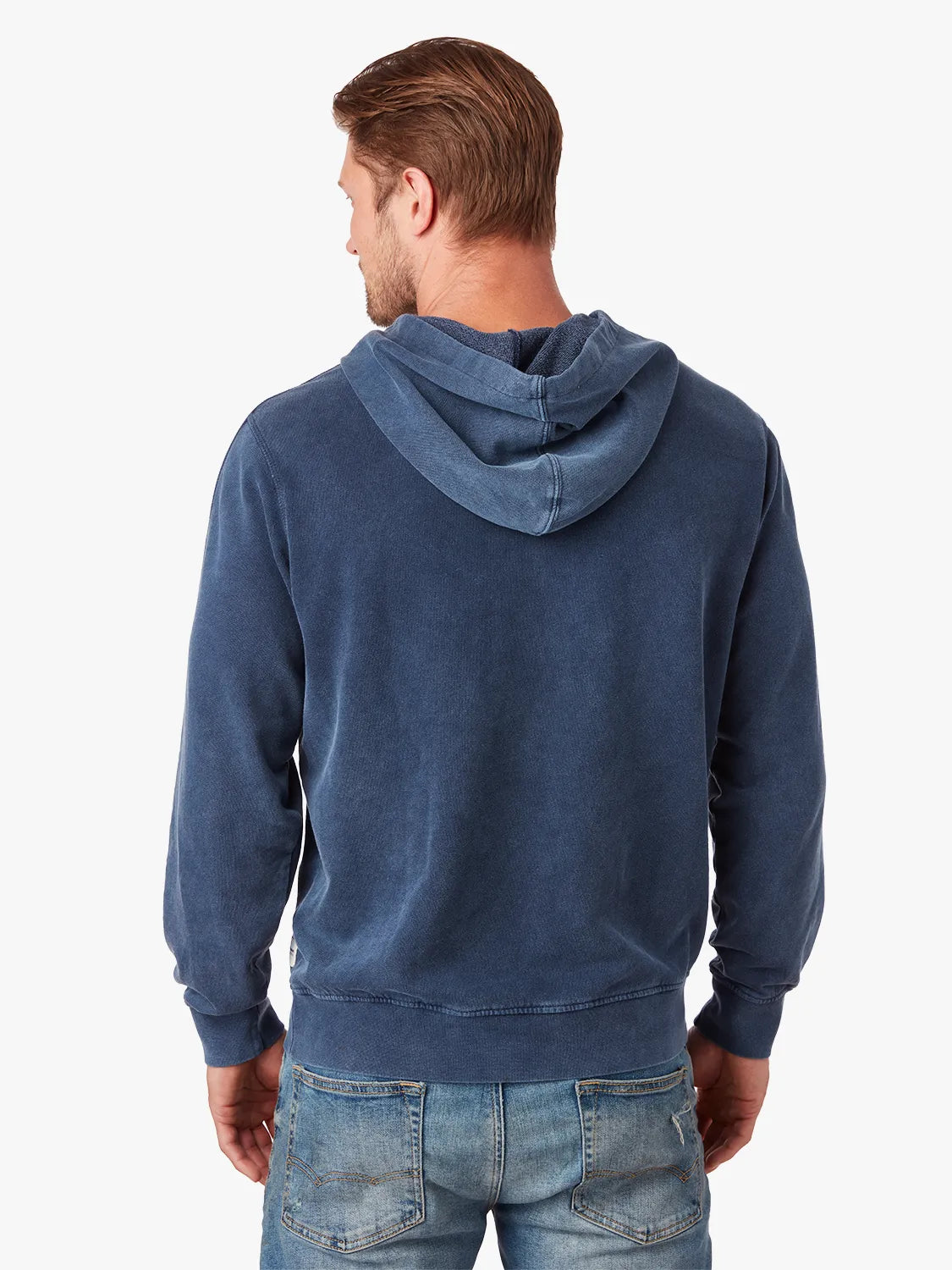 Person wearing navy blue saltaire hoodie on a white background, showing the back view.