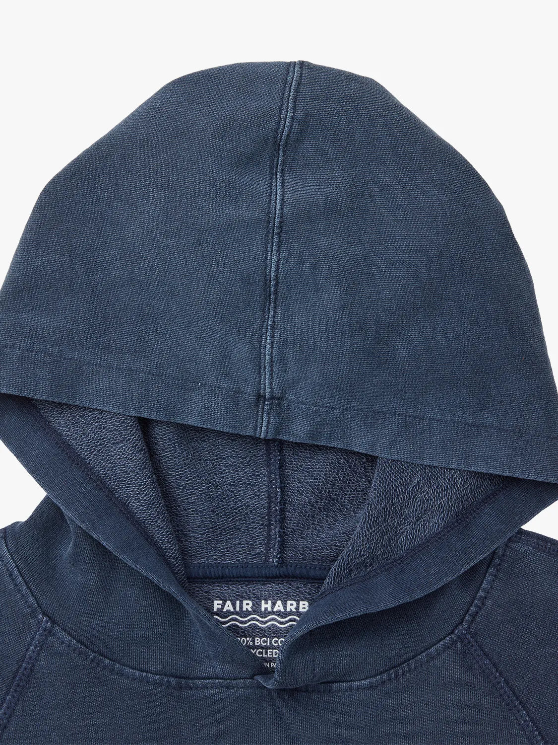 Close up of navy blue saltaire hoodie, showing the hood detail.