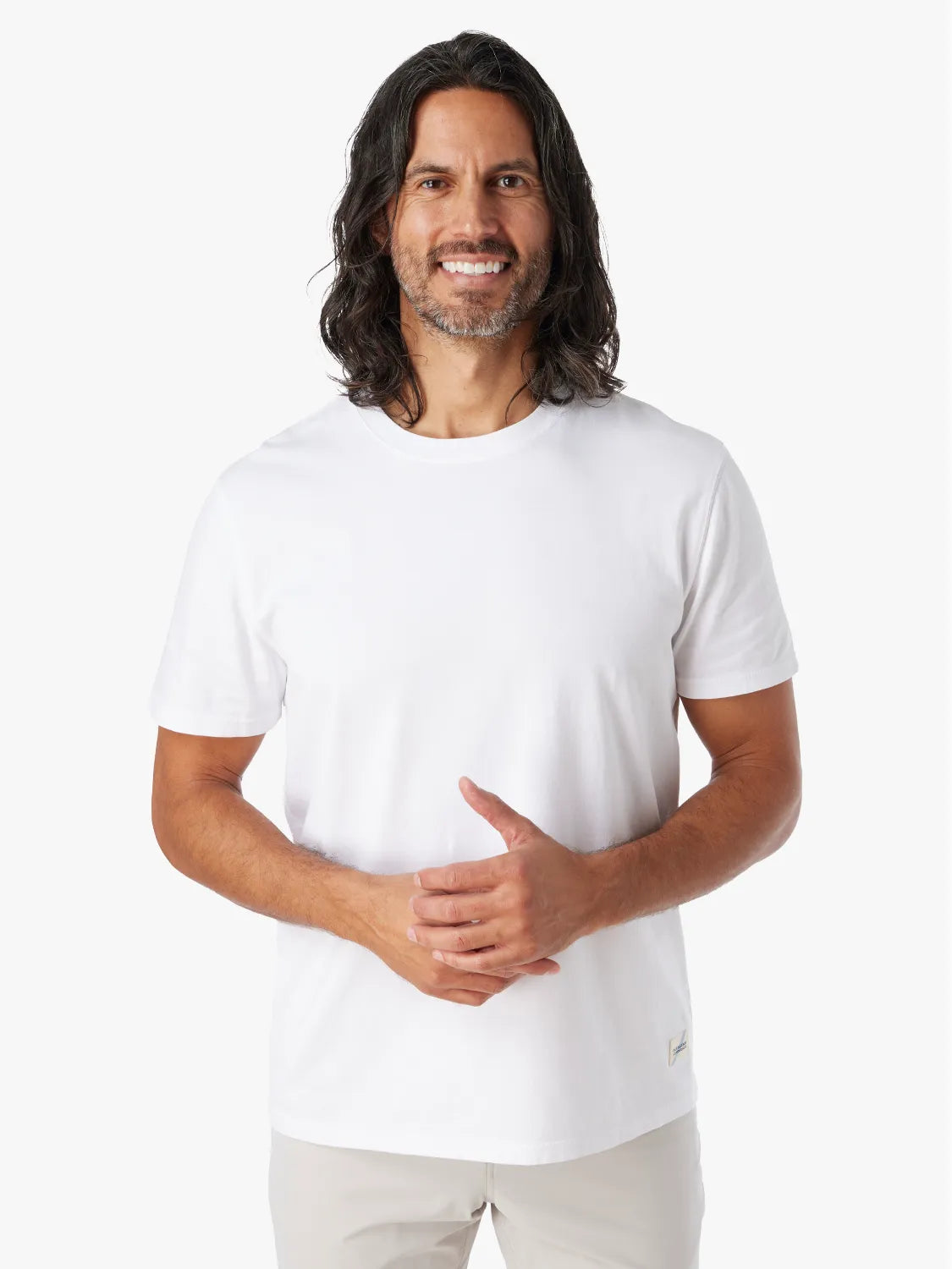 Person wearing white saltaire t-shirt on a white background