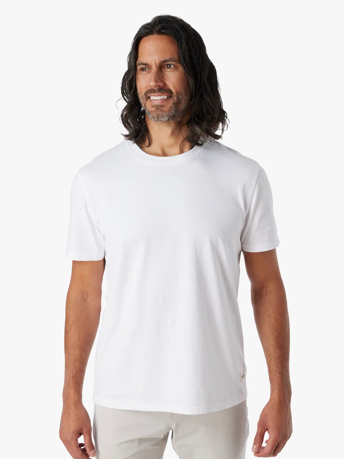 Person wearing white saltaire t-shirt on a white background