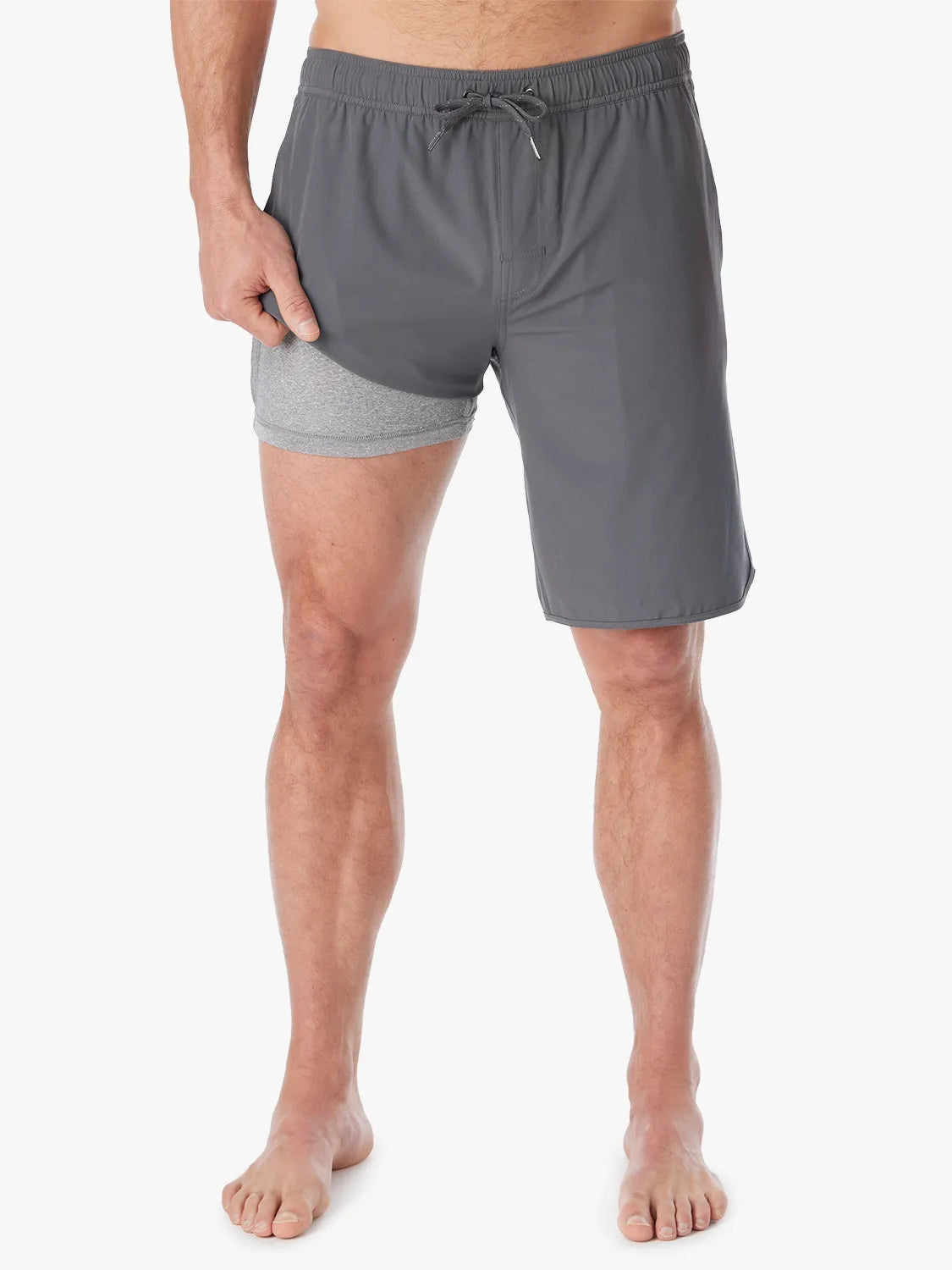 Person wearing slate grey Anchor Trunk in 10 inch inseam, showing liner on a white background