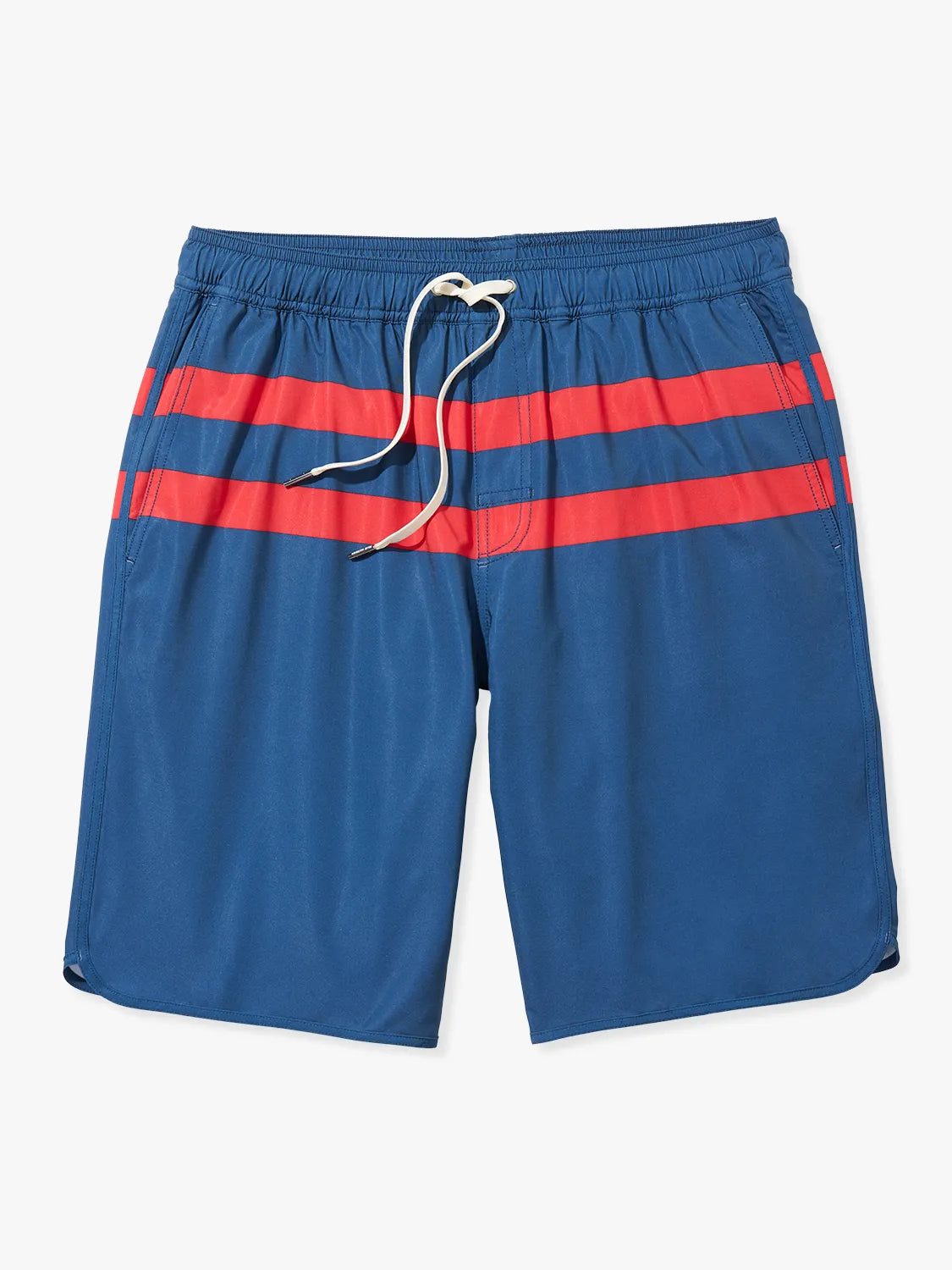 A pair of 10 inch navy anchor trunk shorts with two red horizontal stripes and a drawstring waist with a white background. 