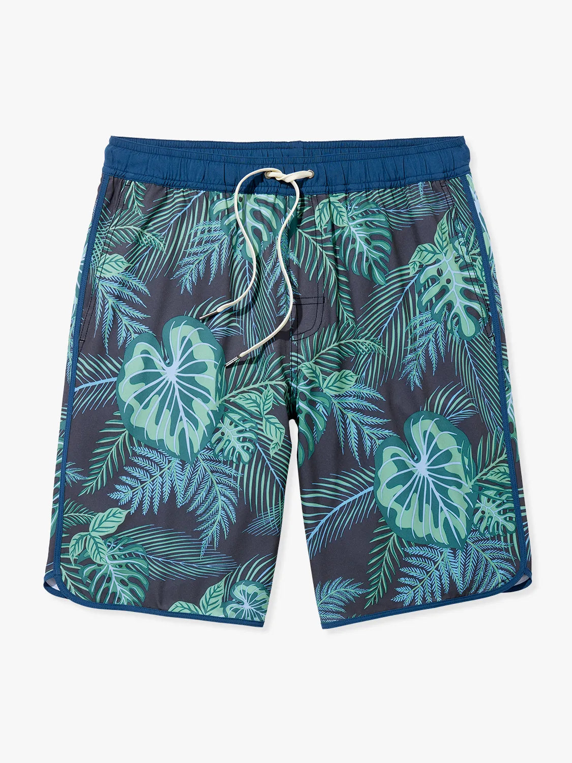A pair of Anchor Trunk in 10 inch inseam with a navy blue and green leaf pattern, featuring a drawstring waist on a white background. 