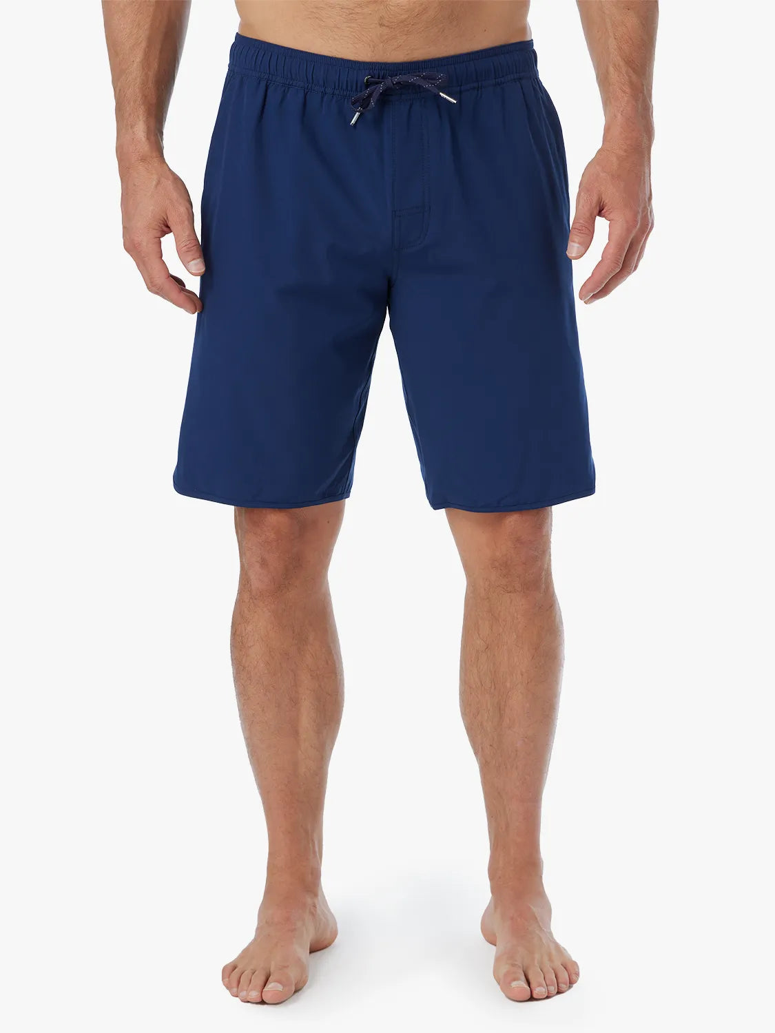 Person wearing Navy-colored Anchor Trunk in 10 inch inseam with a drawstring waist  displayed against a white background.