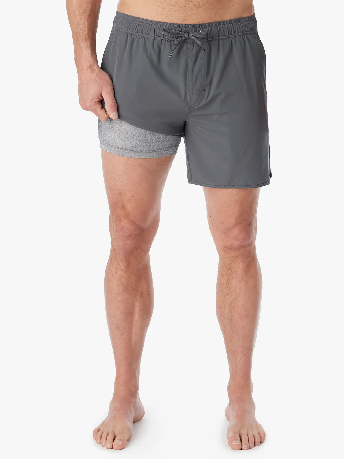 Person wearing slate grey Anchor Trunk in the 6 inch inseam, showing liner on a white background