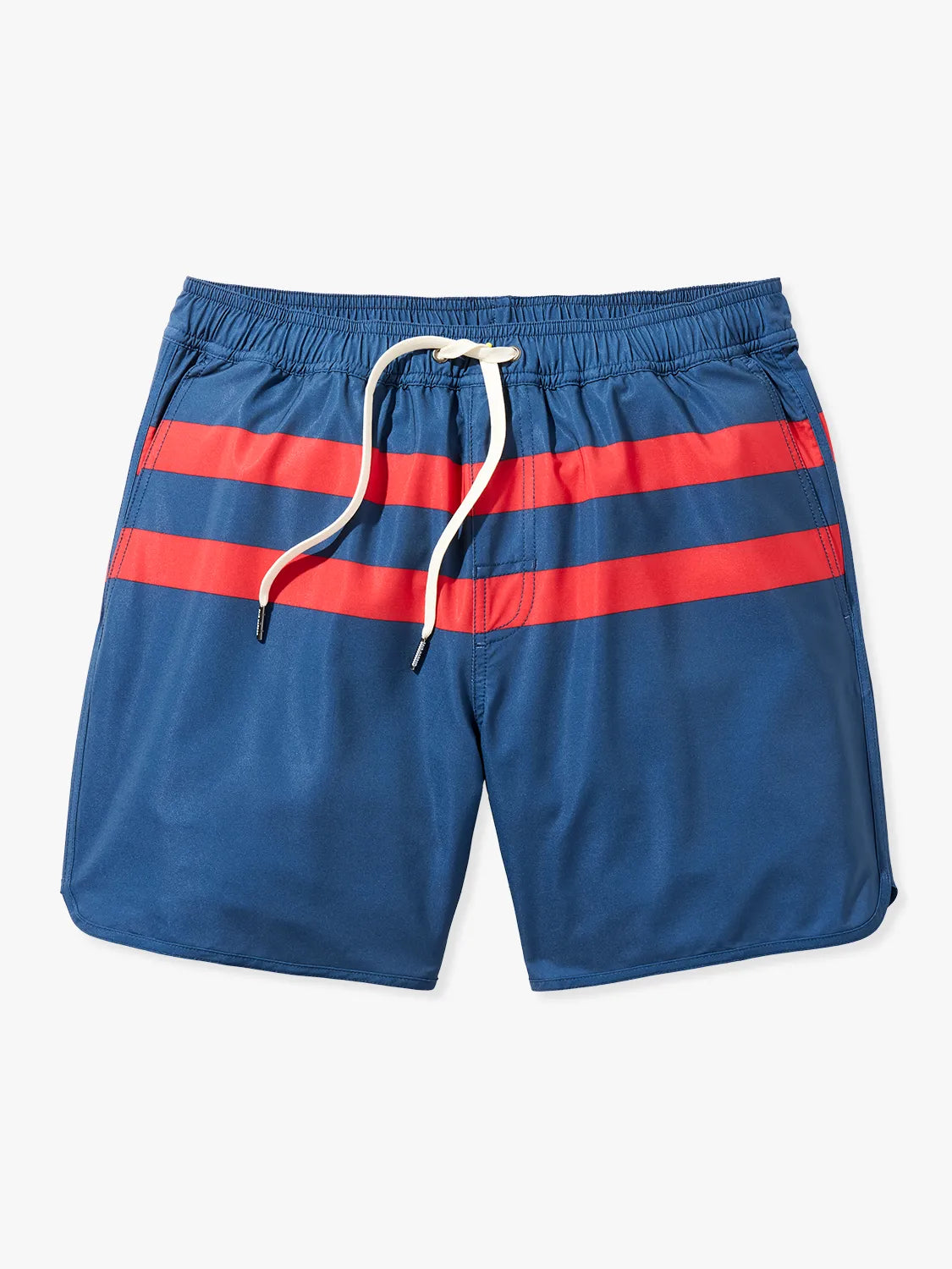 A pair of 6 inch navy anchor trunk shorts with two red horizontal stripes and a drawstring waist with a white background. 