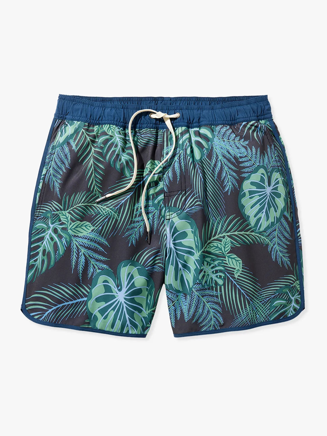 A pair of Anchor Trunk in 6 inch inseam with a navy blue and green leaf pattern, featuring a drawstring waist on a white background. 