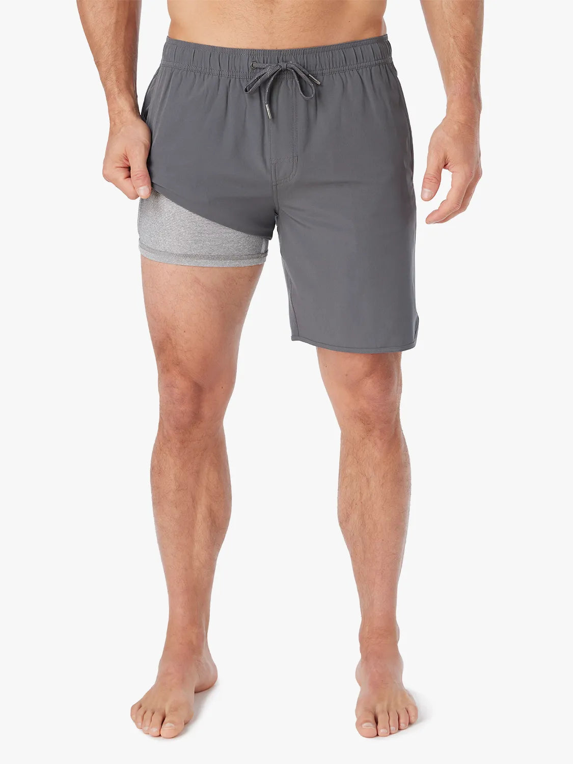 Person wearing slate grey Anchor Trunk in 8 inch inseam, showing liner on a white background