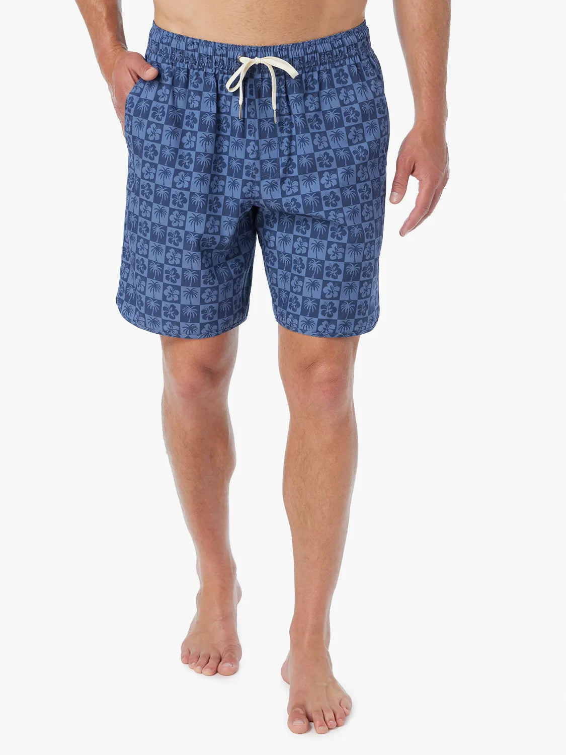 Person wearing blue patterned Anchor Trunk on a white background