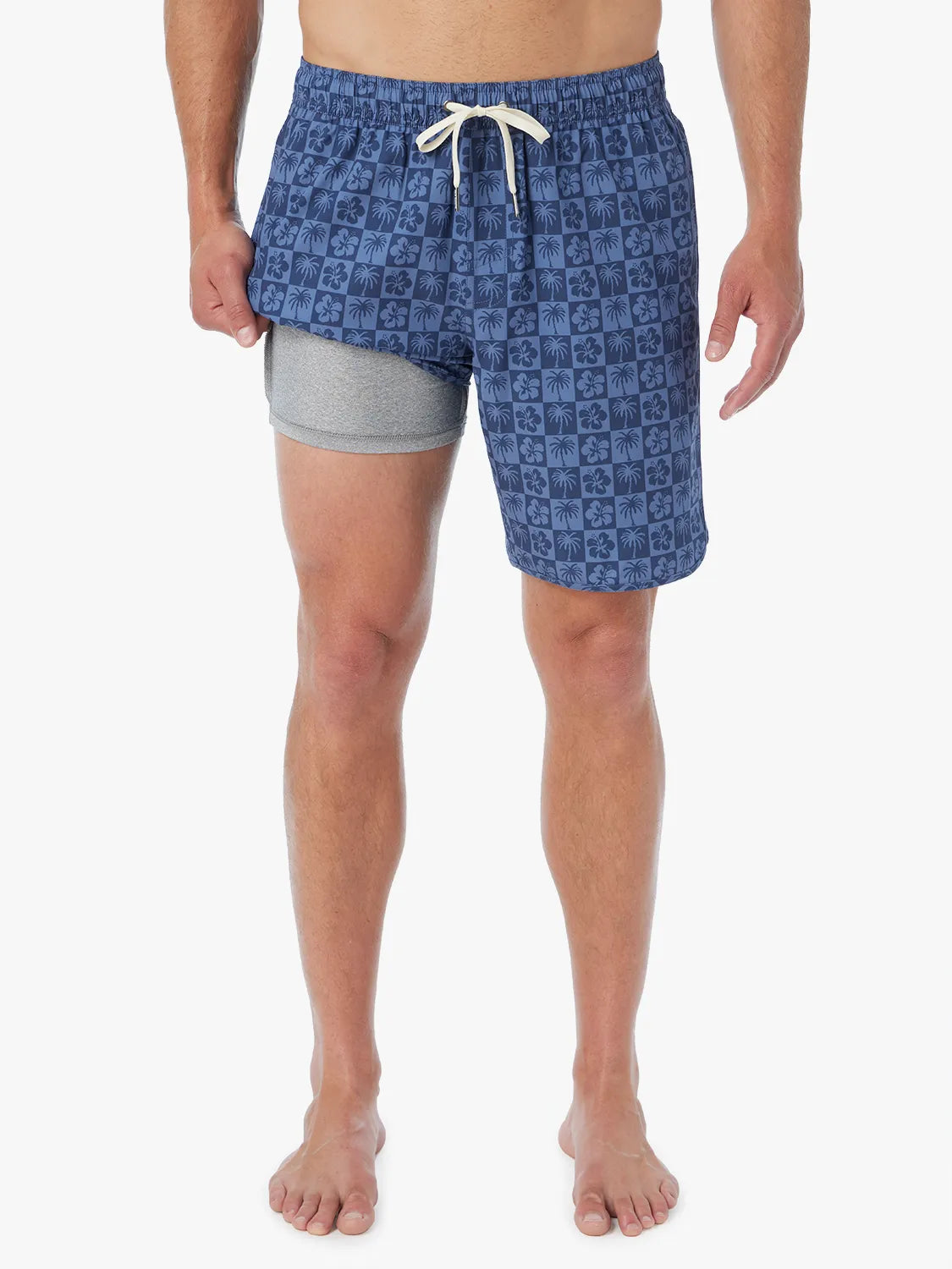 Person wearing blue patterned Anchor Trunk showing liner under short on a white background
