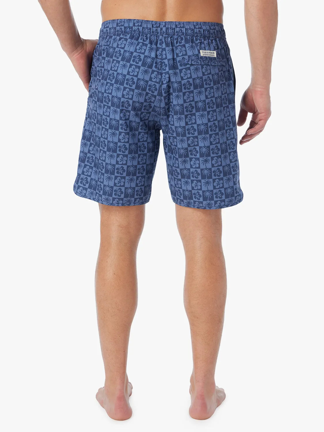 Person wearing blue patterned Anchor Trunk on a white background
