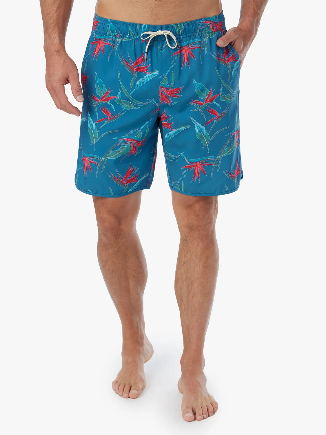 A person wearing a pair of teal blue Anchor Trunk with a red and green bird of paradise print with a drawstring waist, on a white background. 