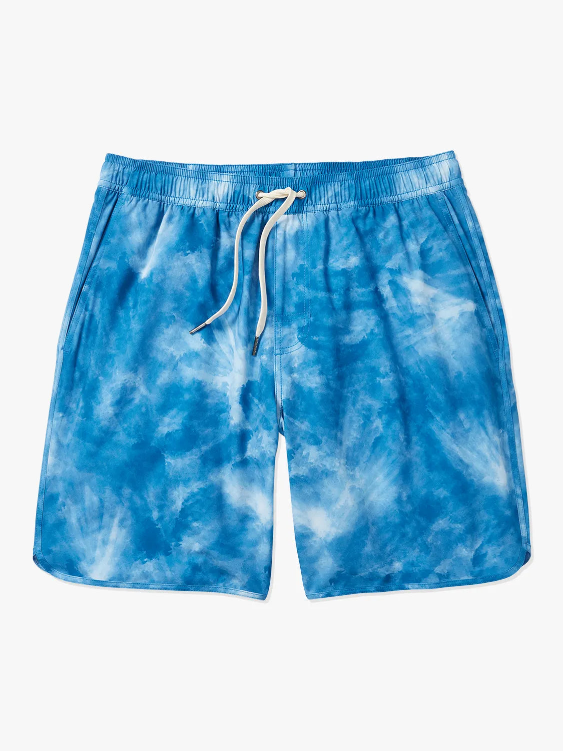 A pair of blue tie-dye Anchor Trunk in 8 inch inseam with a drawstring waist.