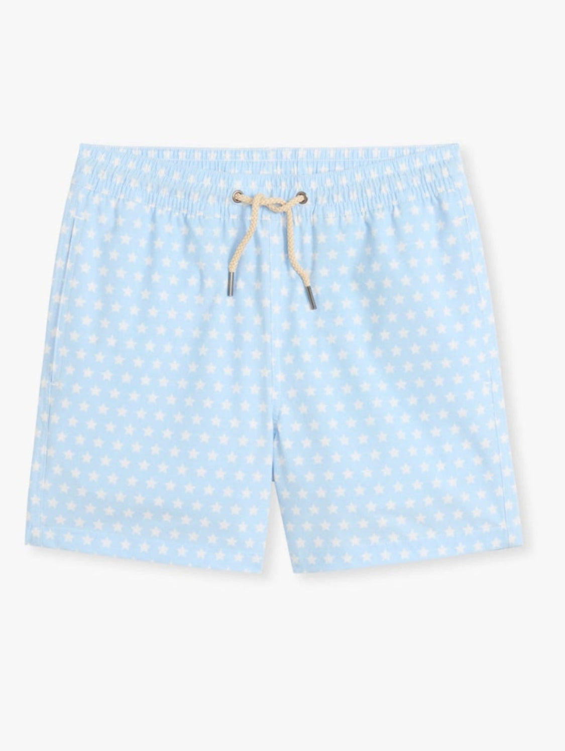 Light blue swim shorts with a subtle pattern on a white background