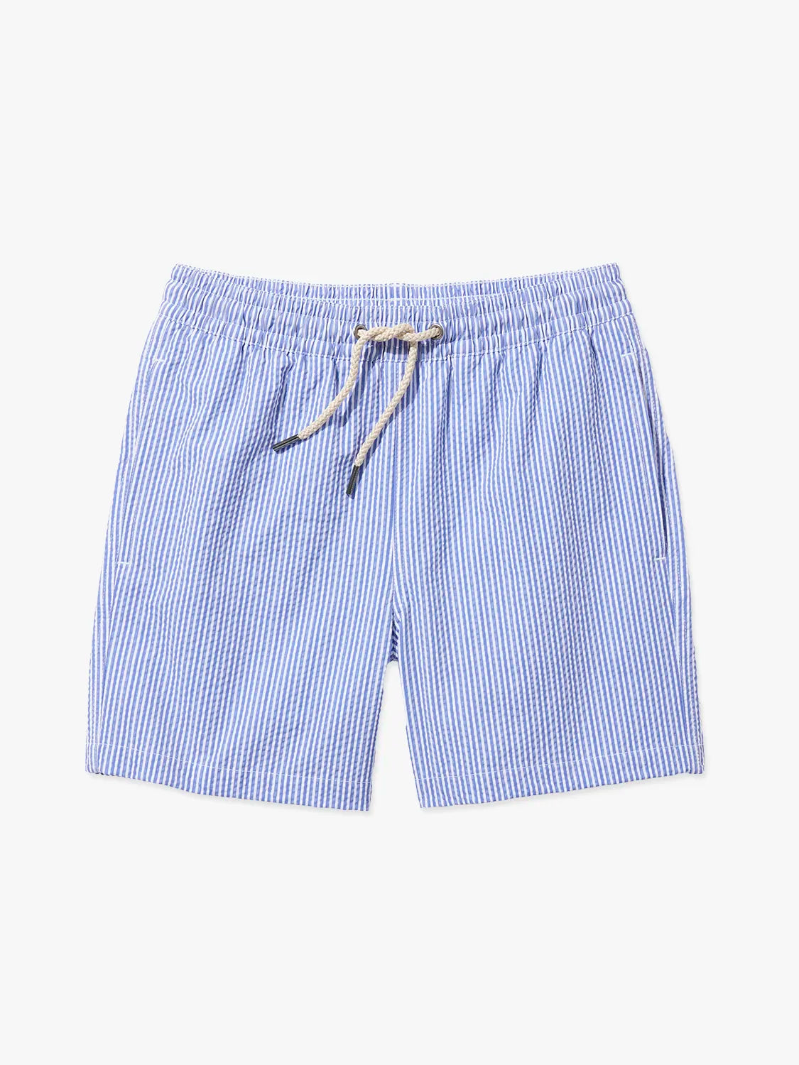 Light blue and white seersucker Bayberry shorts with a drawstring on a white background