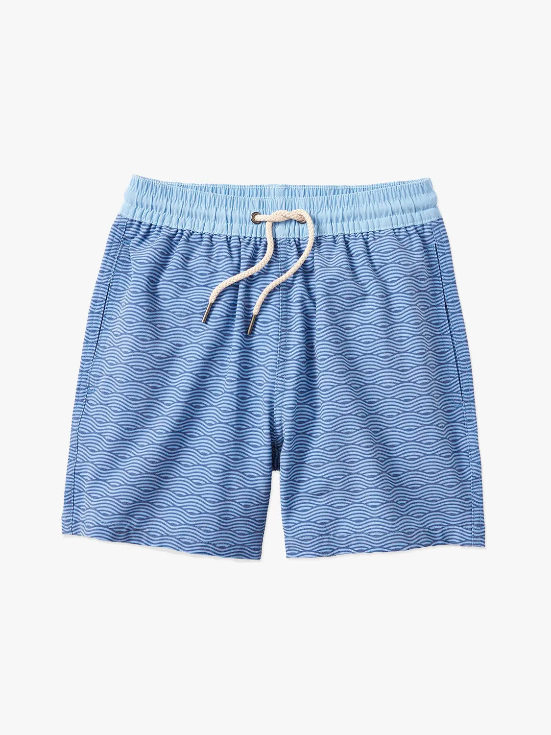 Bayberry shorts with light blue waistband and two toned blue wave pattern across shorts on a white background. 