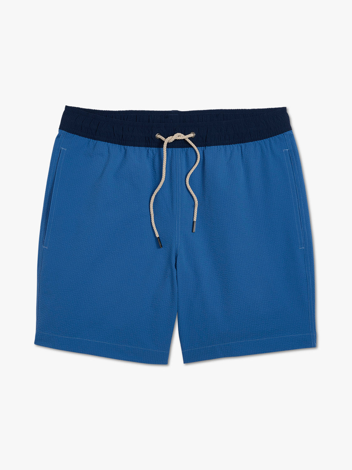Blue shorts with a navy waistband on a white background