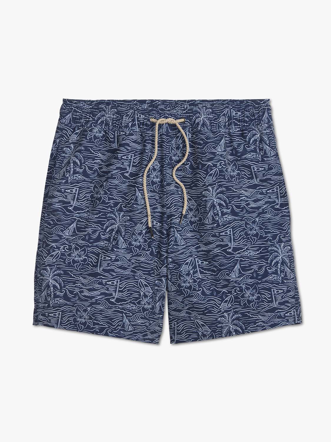 Navy blue swim shorts with a pattern on a white background