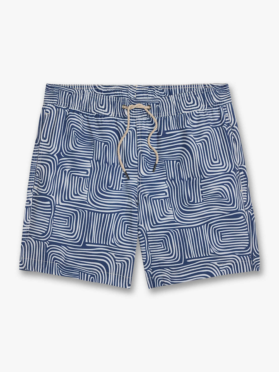 Blue swim shorts with white abstract pattern on a white background