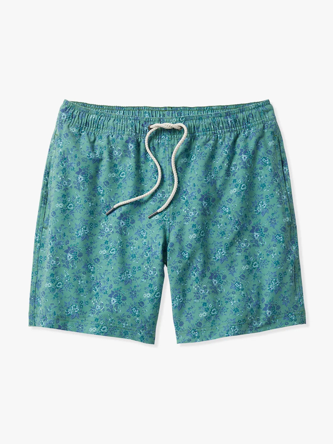 A pair of green floral Bayberry swim trunks with a drawstring waistband.
