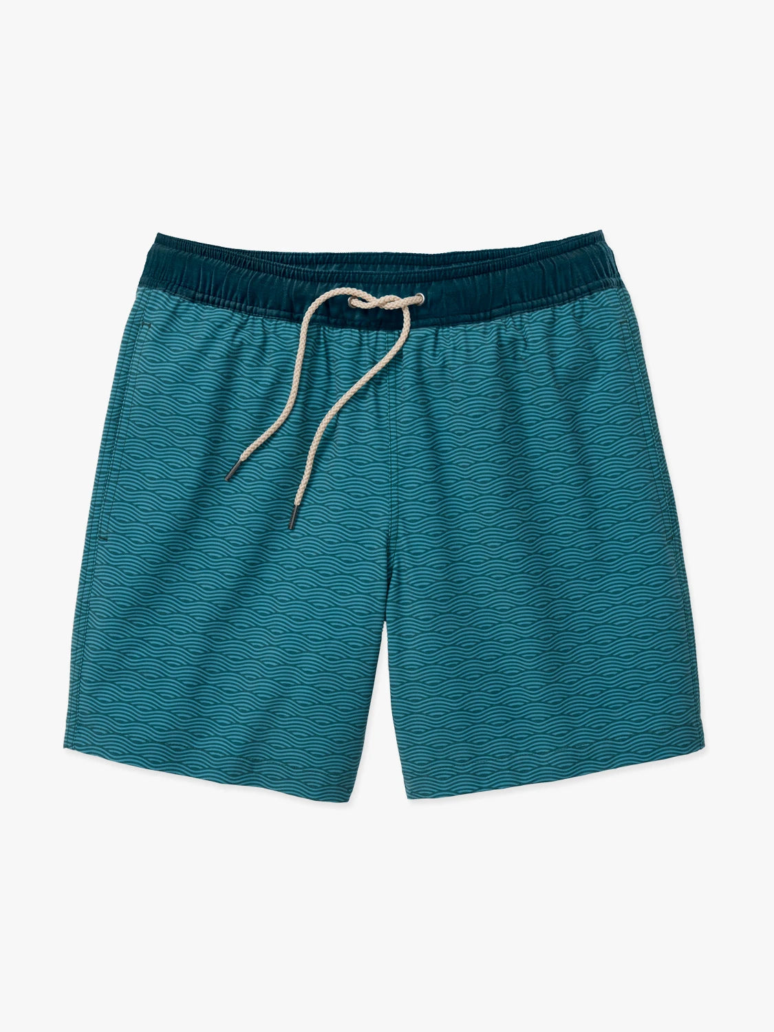 A pair of green wave Bayberry swim trunks with a drawstring waistband.