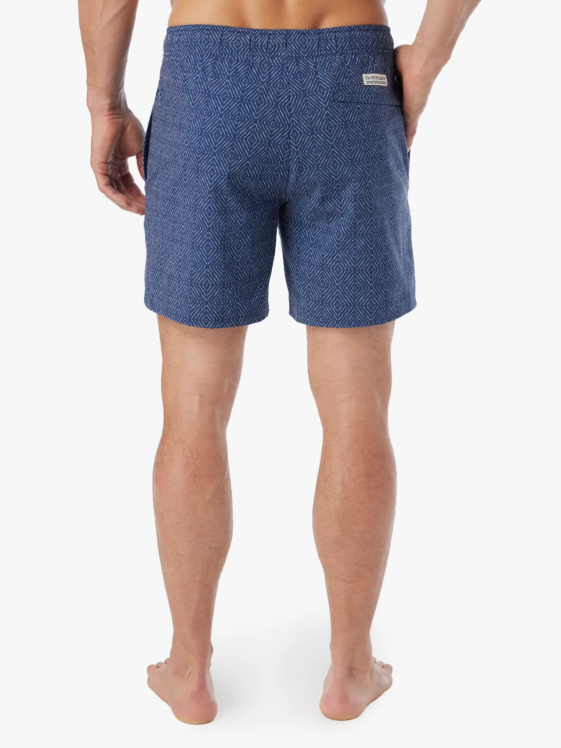 Person wearing Blue diamond patterned Bayberry Trunk with a drawstring and showing the back view against a white background