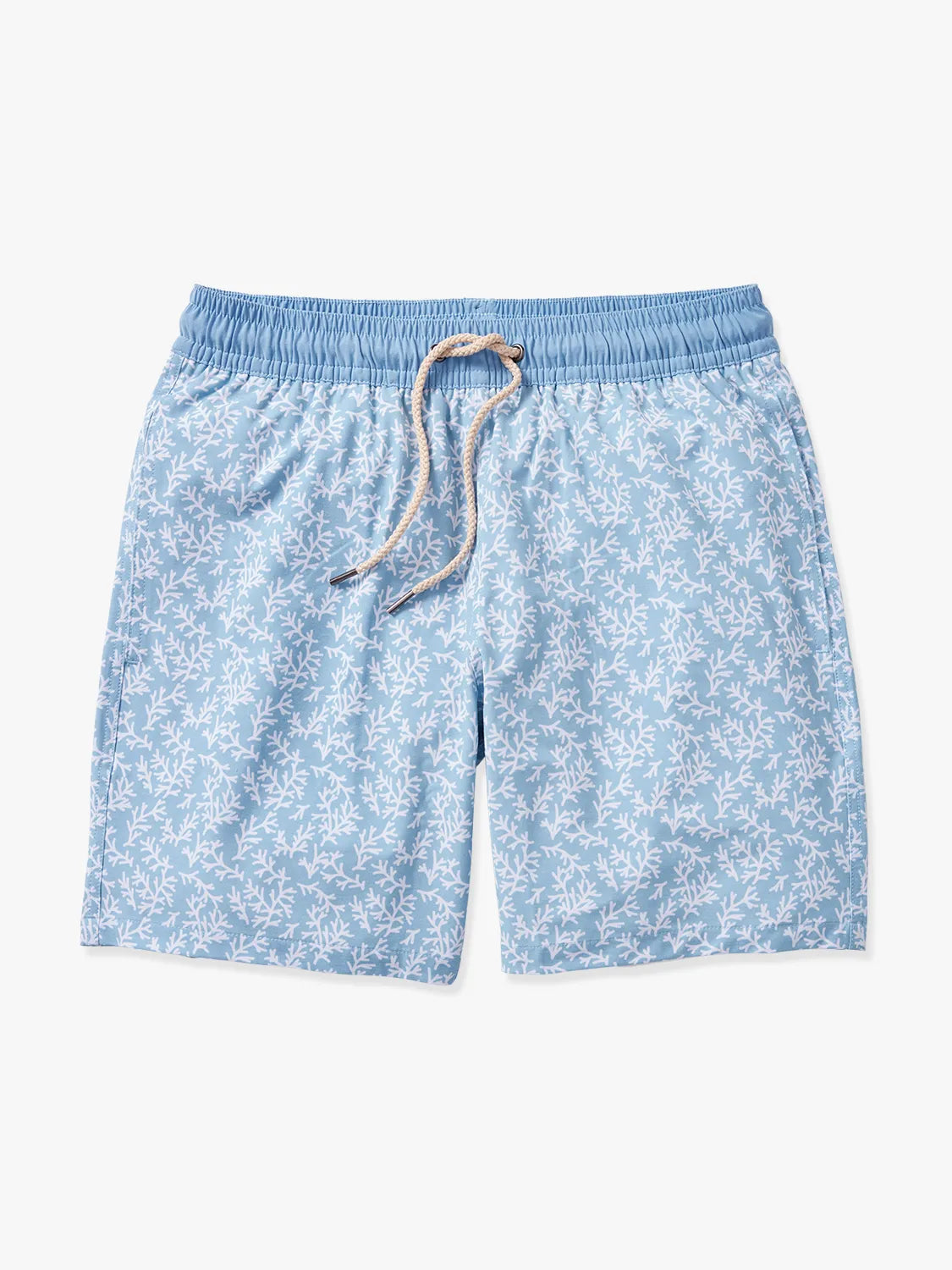 A pair of men's Bayberry swim trunks with a floral mist seaweed pattern, light blue in color, with a drawstring elastic waistband.