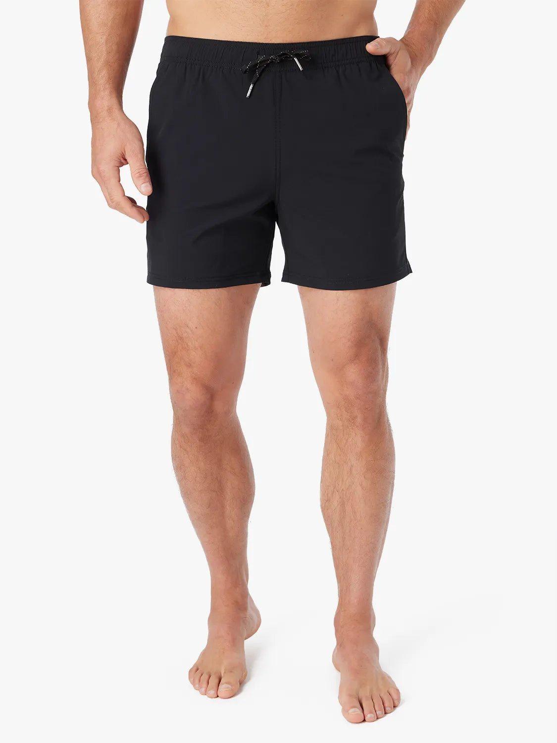 Person wearing solid black bungalow trunk with drawstring on a white background.