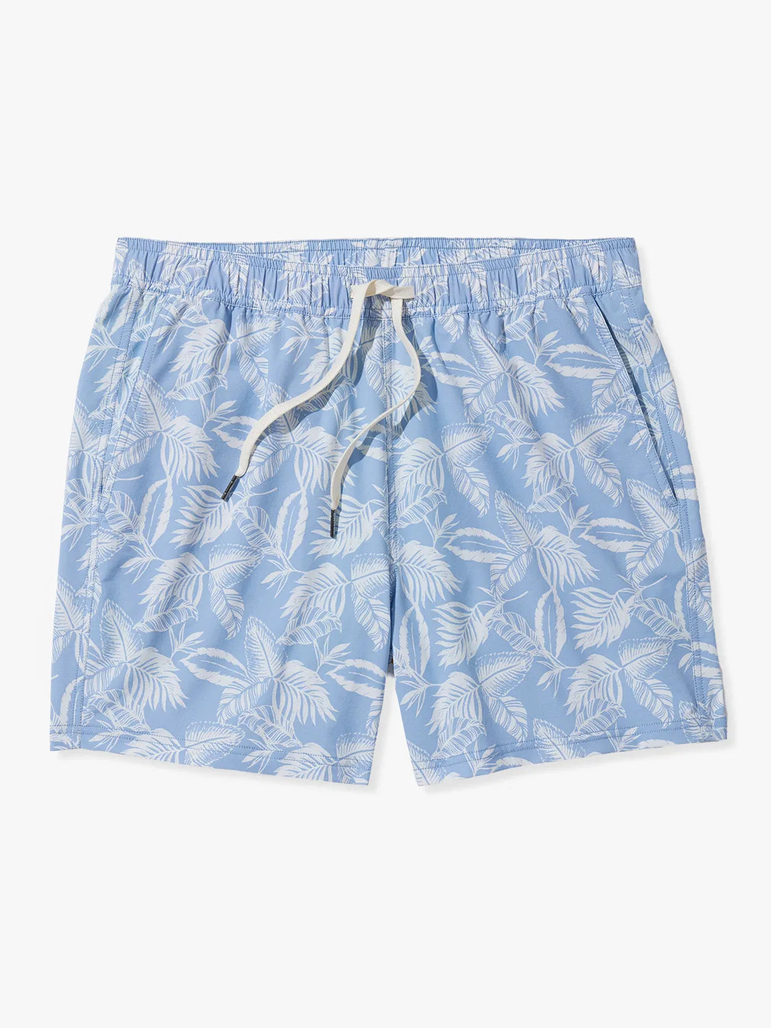 Light blue bungalow swim trunks with white tropical leaf pattern on a white background