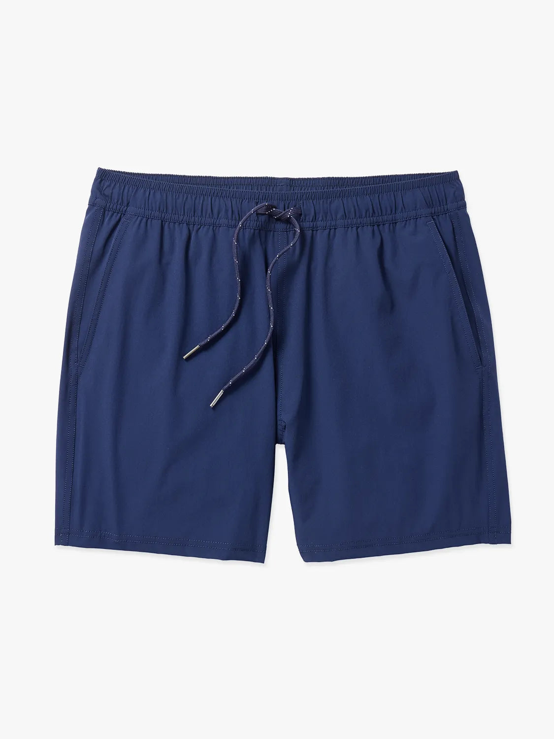 Navy blue bungalow trunks with drawstring on a white background