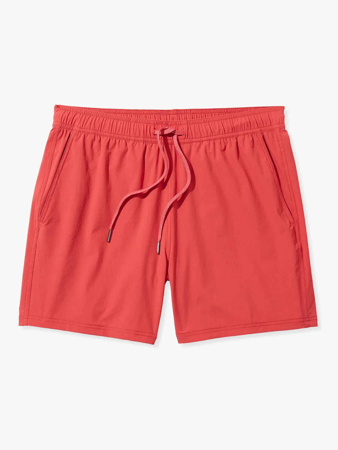 Solid red bungalow shorts with a drawstring on a white background.