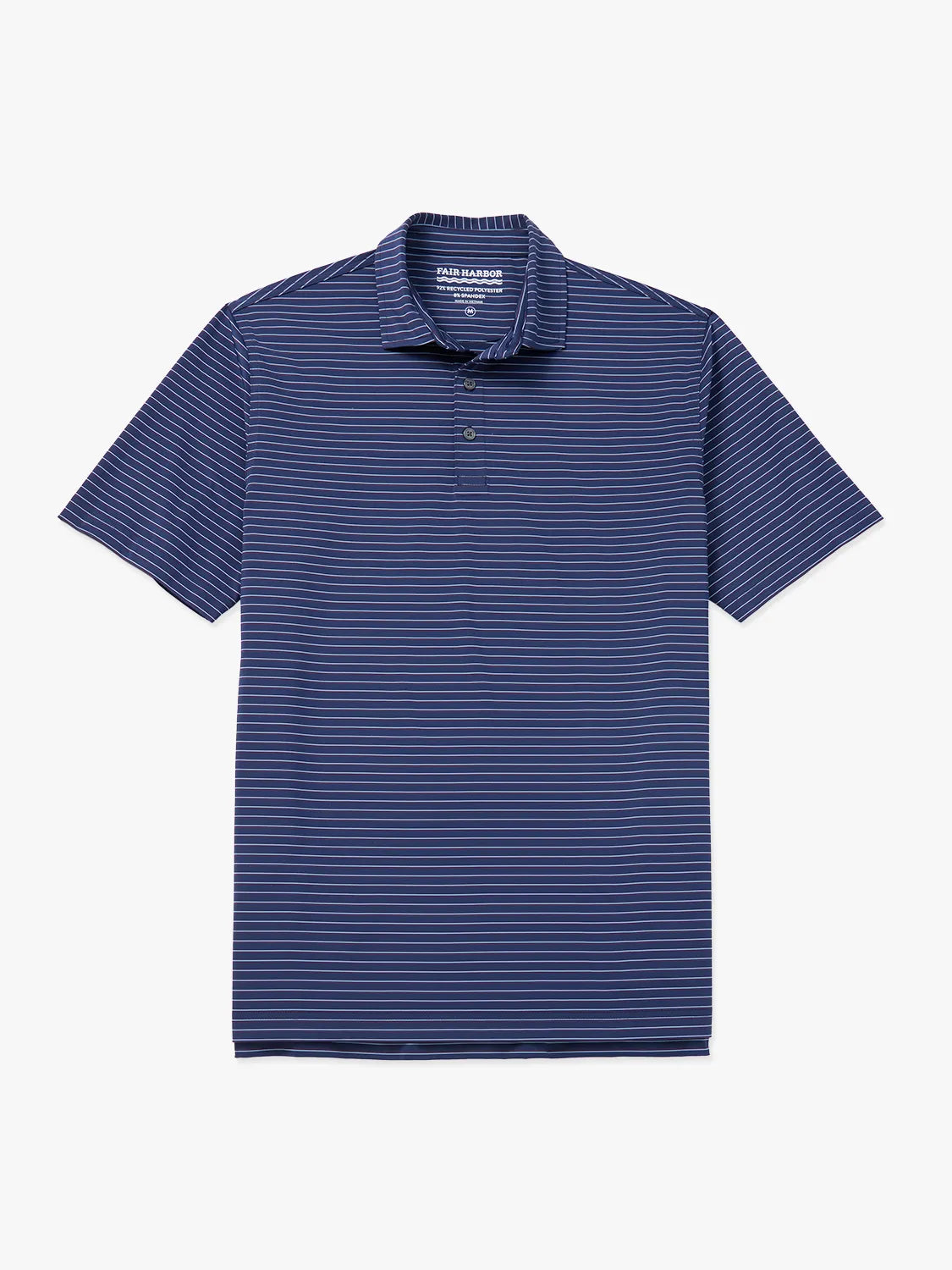 Navy blue striped compass polo shirt on a white background