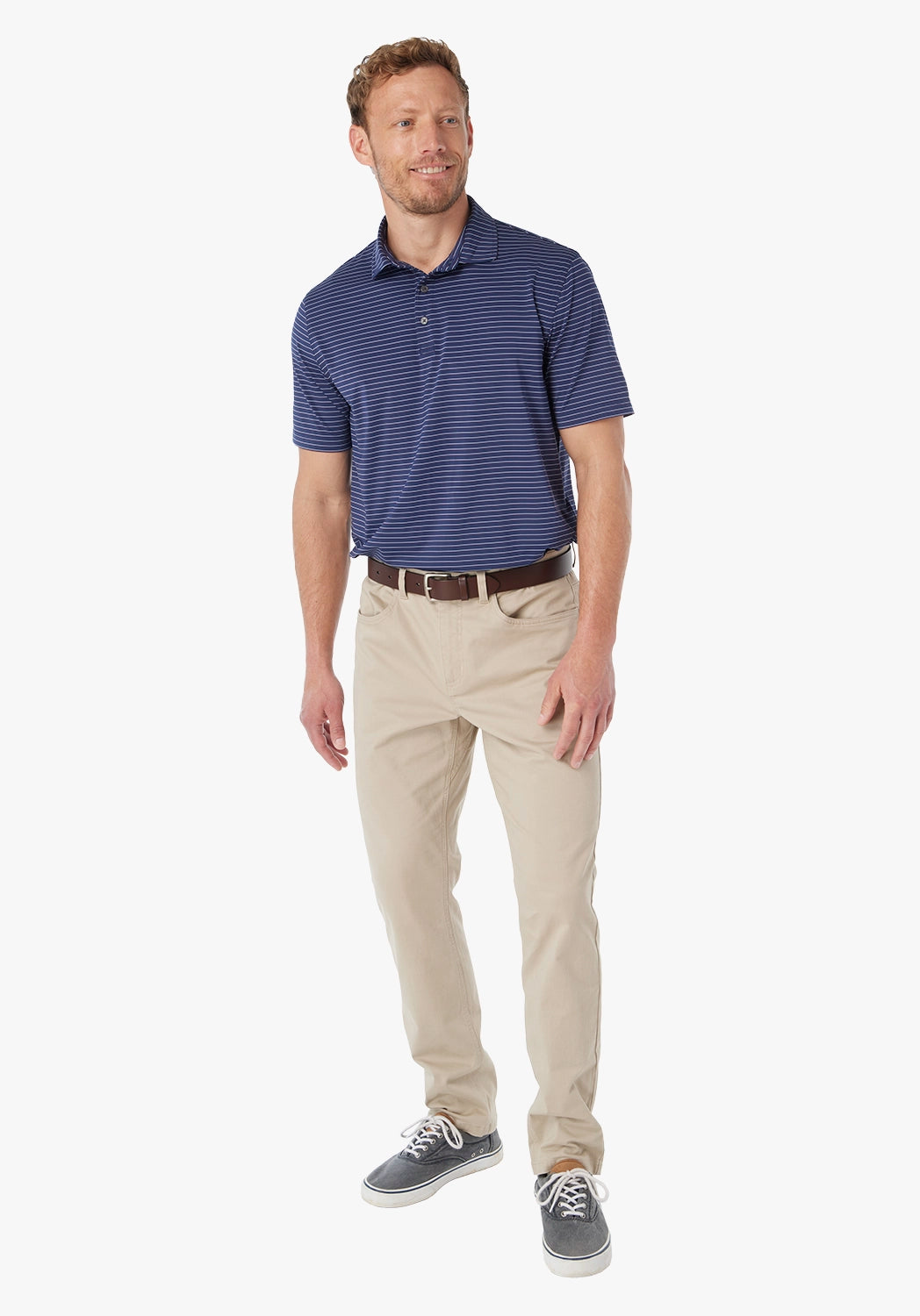 Man wearing a blue striped compass polo shirt and khaki pants on a white background