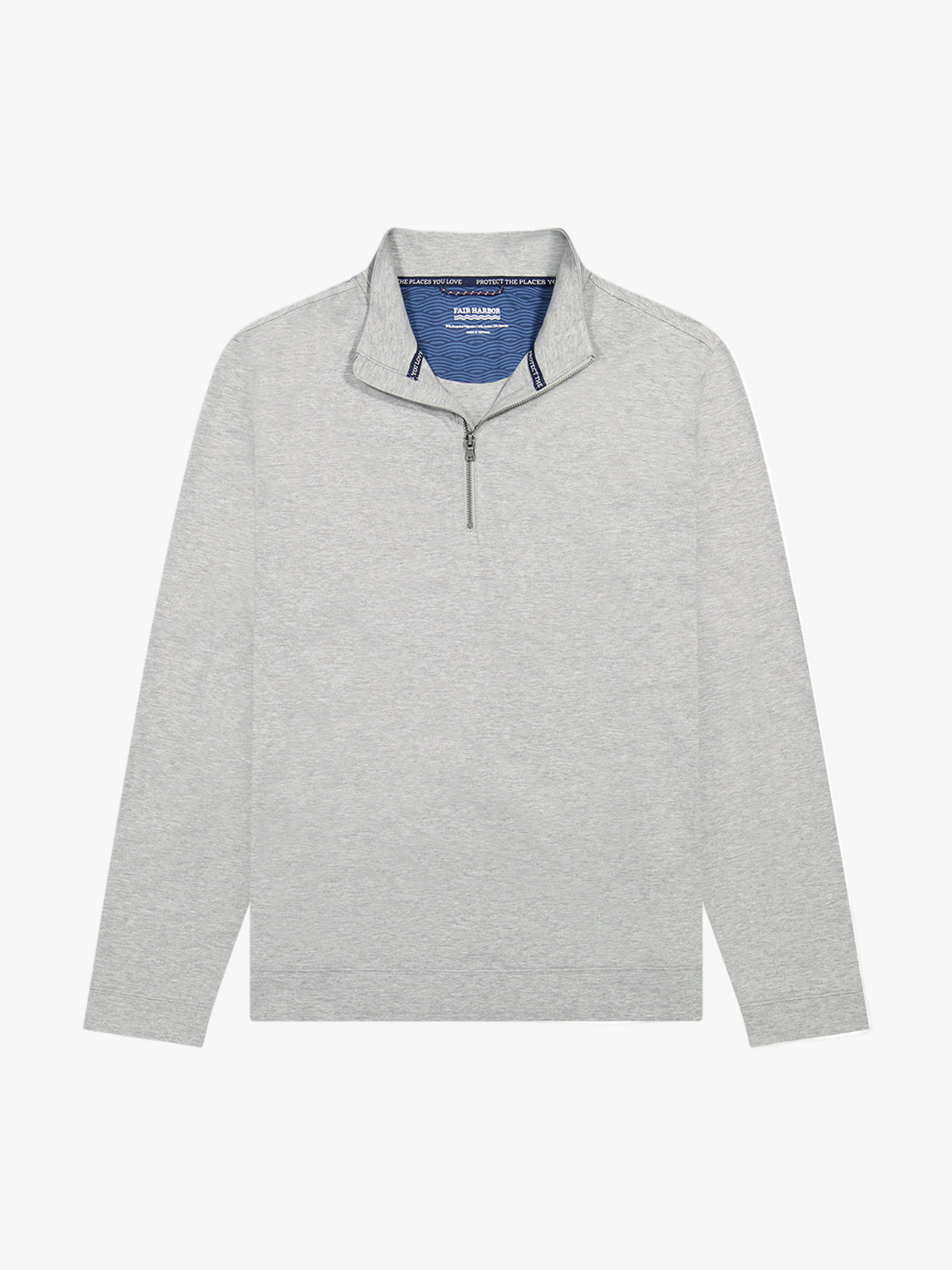 Heather grey compass pullover with a quarter zip on a white background