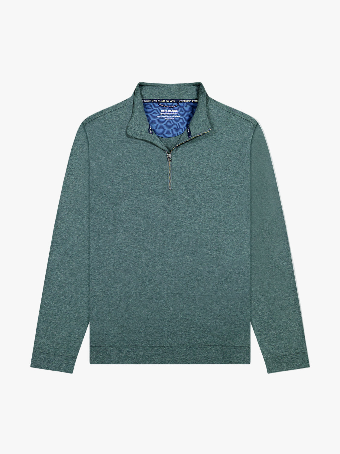 Olive green compass pullover with a quarter zip on a white background