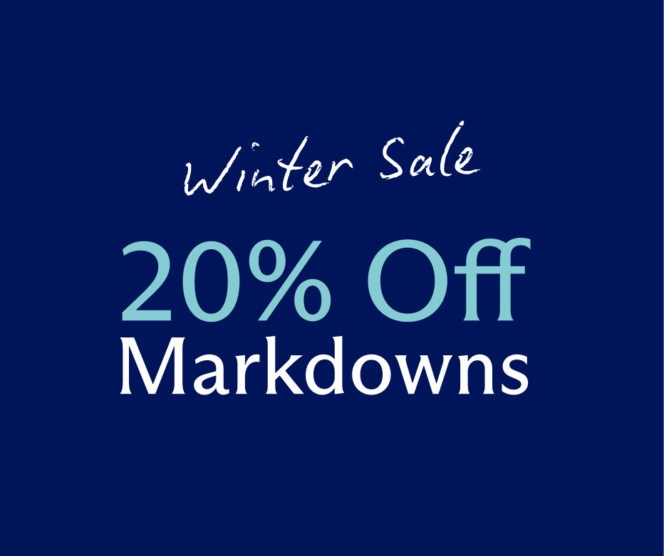Winter sale advertisement with 20% off markdowns on a blue background