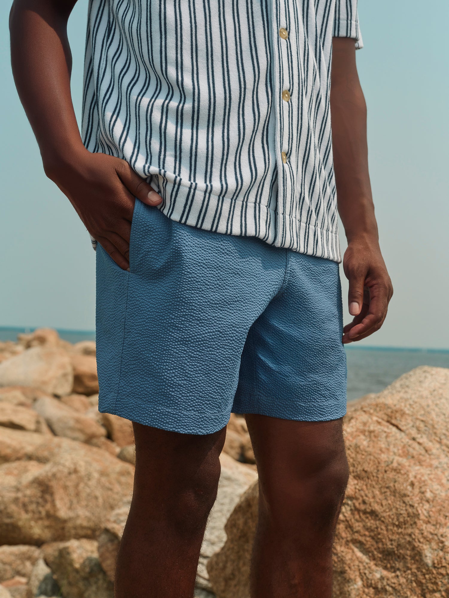 Ravello Terry Short Sleeve Button Up | Beach Stripe